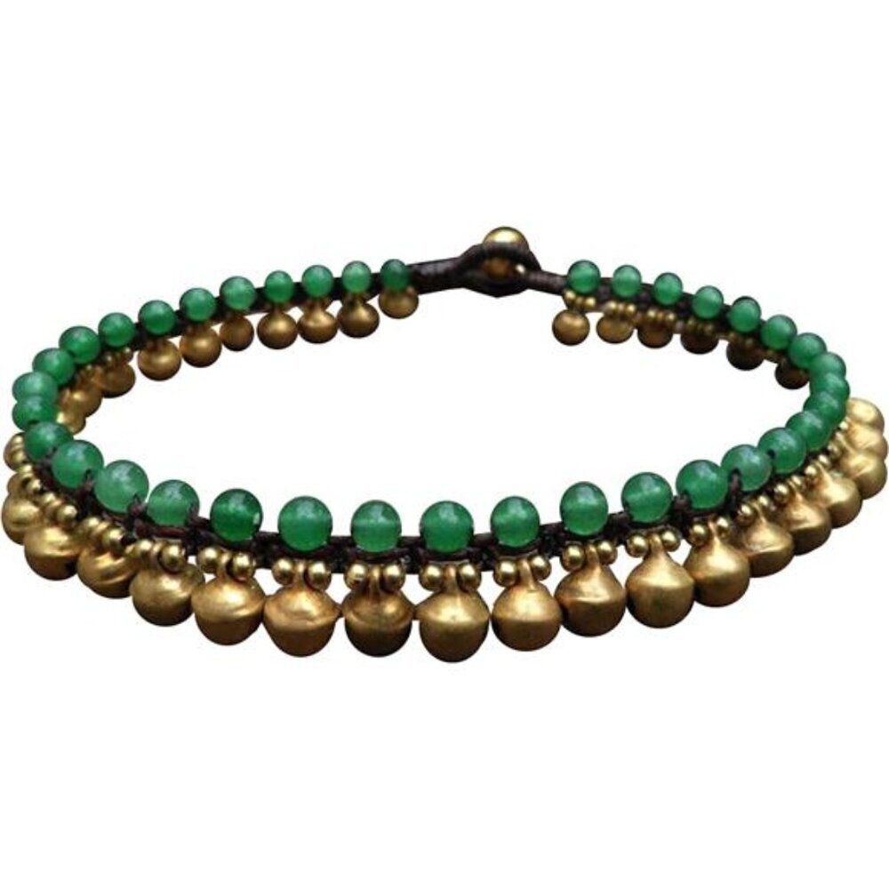 Green Jade Ankle Bracelet with Brass Bell Charm - 10in